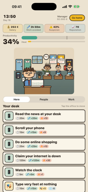 A screenshot of Minimum Effort showing an office, the player at a desk, three colleagues and the game's meters.